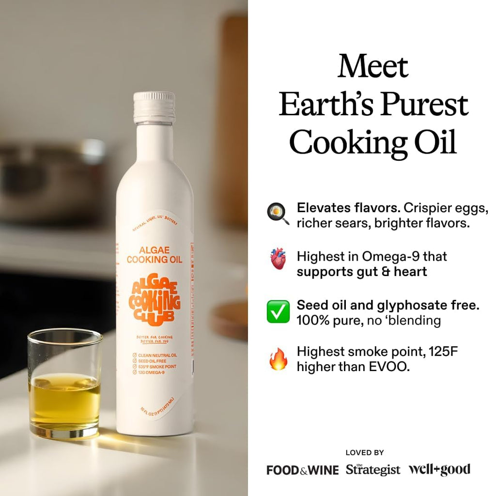 Algae Cooking Club Chef-Grade 100% Algae Cooking Oil - Avocado Oil Alternative - 535°F High Smoke Point - Omega-9 Rich, Neutral Buttery Flavor - Seed Oil-Free - For Searing, Baking, Frying (16 fl oz)