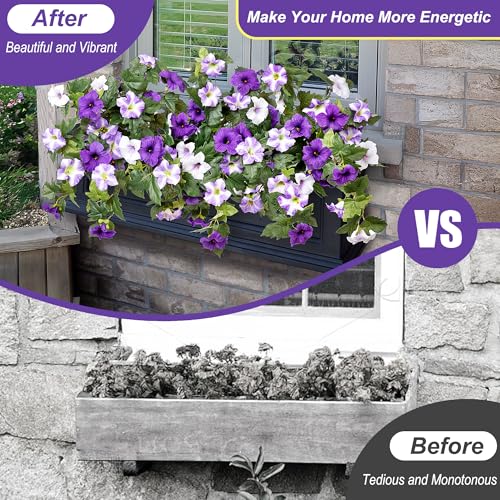 Ammyoo Artificial Fake Flowers Plants for Outdoor Decoration, 2PCS Faux Petunias Silk Flower UV Resistant No Fade for Home Outside Garden Balcony Yard Porch Realistic Indoor Decor (Purple White)