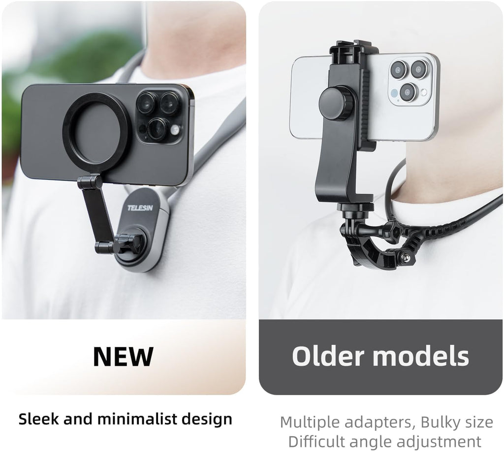 TELESIN Magnetic Neck Mount for Phones, Neck Cell Phone Holder POV/Vlog Selfie Mount Hand Free Phone Neck Holder Chest Stand Strap Video Recording for iPhone 17 16 15 14 13 12 Seires Android Phones