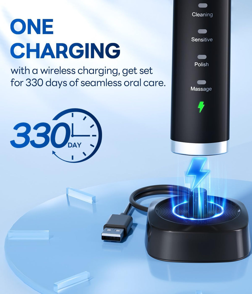 Bymore Electric Toothbrush for Adults, Sonic Rechargeable Toothbrush with 8 Brush Heads, 330-Day Battery, 5 Cleaning Modes & 2-Min Timer, Travel-Friendly Ultra Clean Design – Black