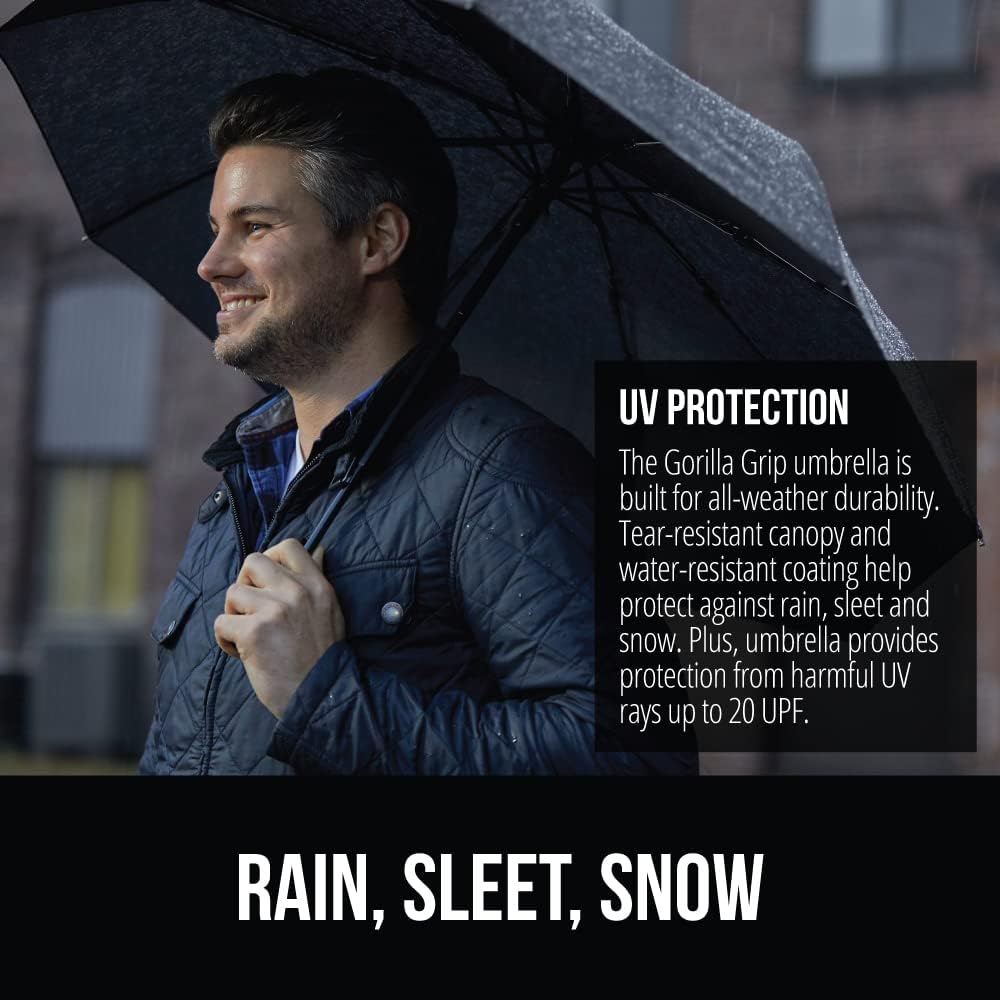 GORILLA GRIP Strong Windproof Stick Compact Umbrella for Rain, One-Click Automatic Open and Close, Durable Quick Dry Waterproof Material, Lightweight and Portable, Travel Size Fits Backpack, Black