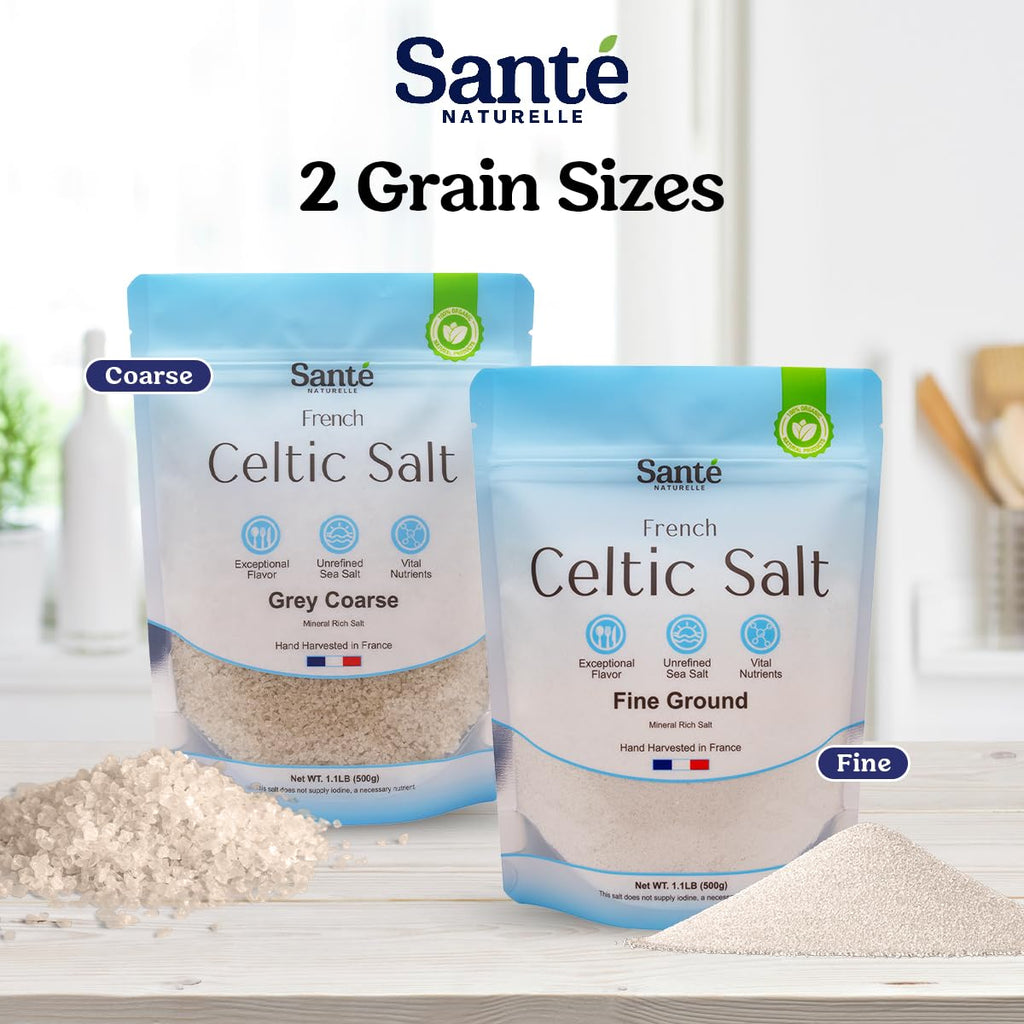 Sante Naturelle Celtic Salt Organic Fine Ground - 1.1lb (18oz) Unrefined French Mineral Sea Salt Organic, Rich in 82+ Minerals, 100% Natural & Hand Harvested Sal Celtica