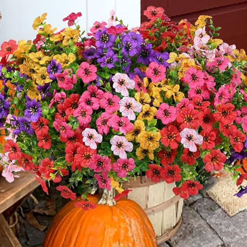 trytuny Artificial Flowers for Outdoor, UV Resistant Fake Silk Flowers, Realistic Faux Plants for Outside Indoor Porch Patio Window Box Planter Home Decor (20, Yellow Purple Rosy Pink Red)