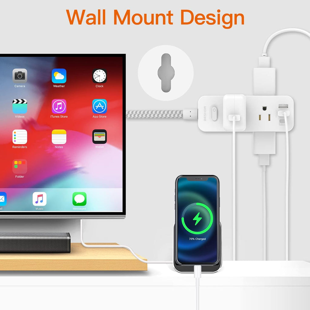 Power Strip Surge Protector, BESHON 5Ft Extension Cord, 6 Outlets with 4 USB Ports (2 USB C Outlet), 3-Side Outlet Extender, Wall Mount, Compact for Travel, Home, School, College Dorm Room and Office