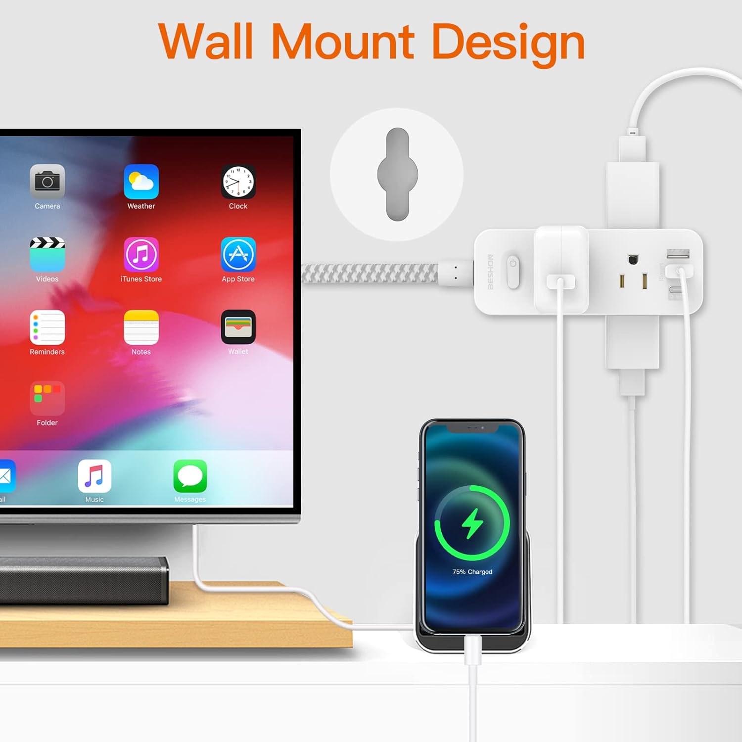 Power Strip Surge Protector, BESHON 5Ft Extension Cord, 6 Outlets with 4 USB Ports (2 USB C Outlet), 3-Side Outlet Extender, Wall Mount, Compact for Travel, Home, School, College Dorm Room and Office