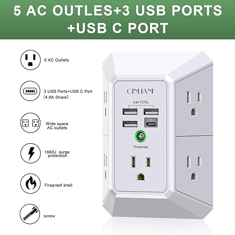 USB Wall Charger, Surge Protector, QINLIANF 5 Outlet Extender with 4 USB Charging Ports (4.8A Total) 3-Sided 1680J Power Strip Multi Plug Outlets Wall Adapter Spaced for Home Travel Office(2U2C),White