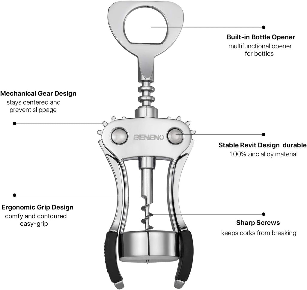 Beneno Wine Opener, Zinc Alloy Premium Wing Corkscrew with Multifunctional Bottles Opener, Sharp Wine Corkscrew with Ergonomic Non-Slip Wing Handle, Silver
