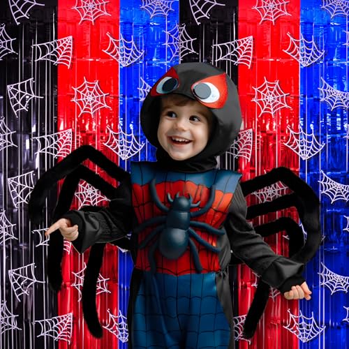 Bupelo Spider Web Birthday Decorations, 2 Pack Spider Party Supplies 3.3x6.6ft Tinsel Foil Fringe Curtains, Red Black, and Blue Photo Booth Prop Backdrop Streamer, Birthday Decor, Party Decor for Boys