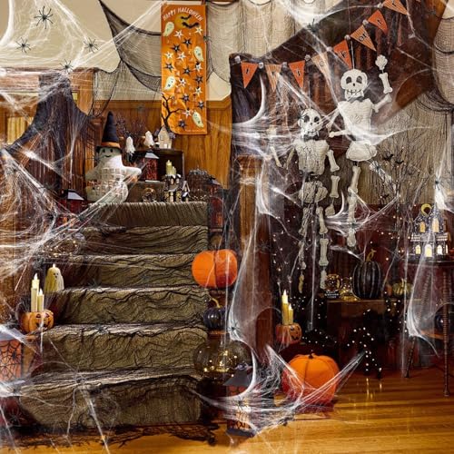 1200 sqft Halloween Spider Webs and 50pcs Fake Spiders Super Stretch Cobwebs Party Decorate for Halloween Theme Indoor and Outdoor Decoration