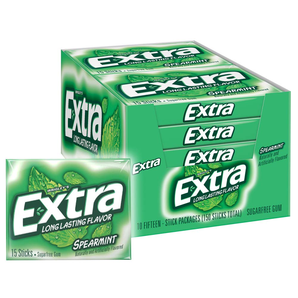 Extra Gum Spearmint Sugarfree Gum Bulk, Individually Wrapped, Perfect for Long Lasting Fresh Breath at School, Work & Travel 15 Count, Pack of 10