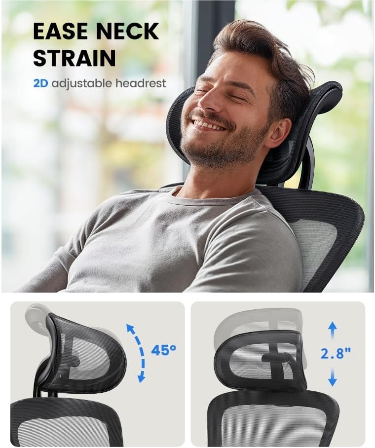 NOBLEWELL Ergonomic Office Chair with Padded Lumbar Support, 2D Headrest, Adjustable Armrests, Upgraded Contoured Seat Cushion, 130° Rocking Tilt, Computer Chair for Home Office, NWOC1-1