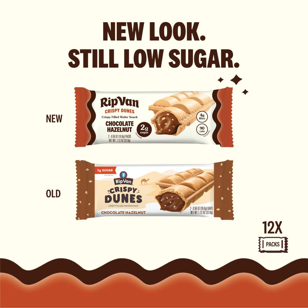 Rip Van Crispy Dunes Vegan Chocolate Hazelnut Wafer Sticks – Low-Calorie Keto Snack with Hazelnut Cream Filling, 90 Calories, Non-GMO, Prebiotic Fiber - 12 Pack