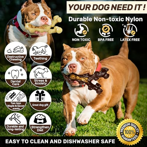 SIHRMIU Dog Chew Toys for Aggressive Chewers, 2 Pack, for Medium/Large Breed, Tough Almost Indestructible Dog Bones for Teeth Cleaning, Training, Boredom and Stimulating