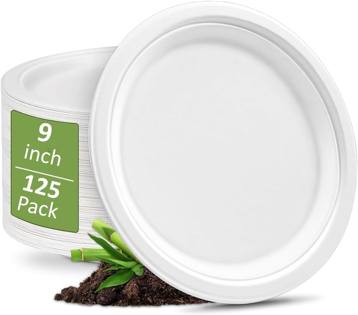 100% Compostable 5X Stronger Round 9-Inch  125 Count & 10-Inch 150Count  Paper Plates| Disposable Biodegradable Bagasse Microwave-Safe, Soak-Proof, Cut & Leak Resistant Plates For Everyday Meals BBQs & Parties