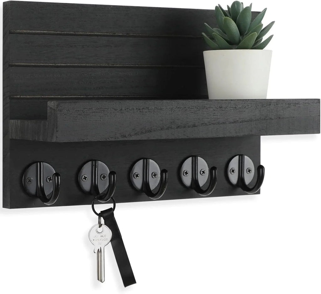 Wall Key Holder with Shelf, Hooks for Bags & Coats, Paulownia Wood, 9.8 x 6.7 x 4.2 - Cart Shape