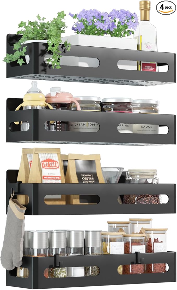 Sevenblue 4 Pack Strong Magnetic Spice Rack for Refrigerator, Multipurpose Magnetic Shelf for Fridge with 4 Hooks for Kitchen and Bathroom Organization, Black