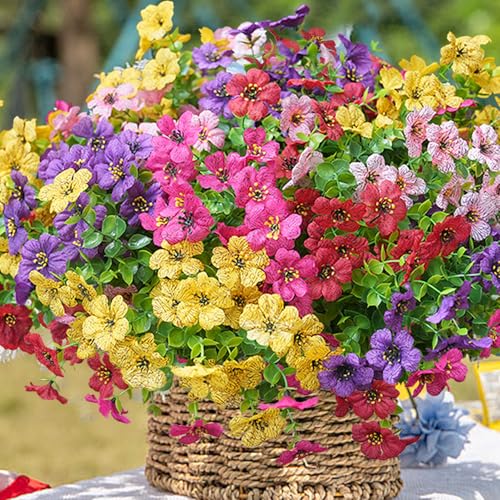 trytuny Artificial Flowers for Outdoor, UV Resistant Fake Silk Flowers, Realistic Faux Plants for Outside Indoor Porch Patio Window Box Planter Home Decor (20, Yellow Purple Rosy Pink Red)