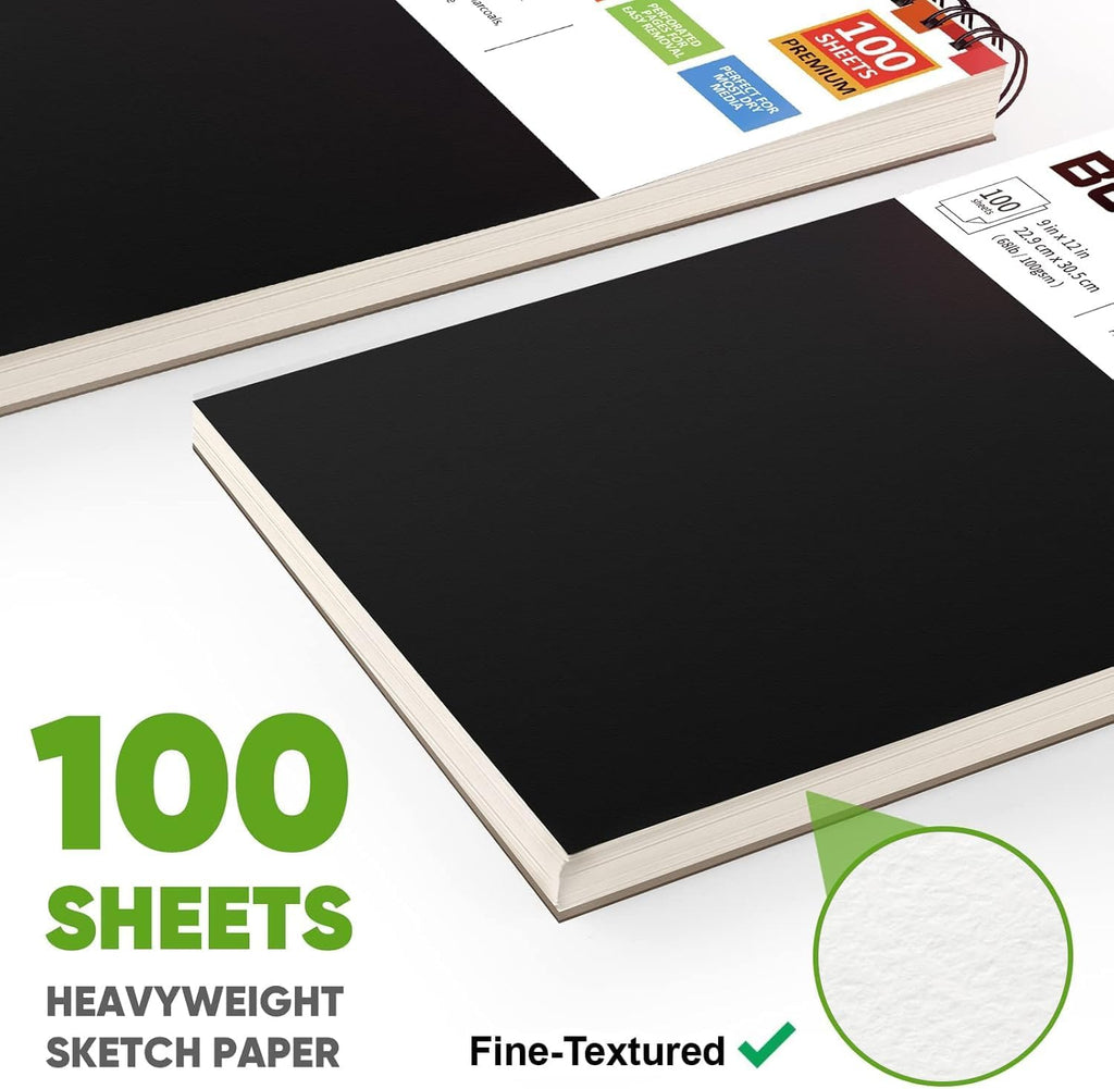 Soucolor Sketch Book, Spiral Bound Acid-Free Sketchbook with 68lb/100gsm for Paper Painting, Drawing, Writing, Artist Sketching Pad for Kids, Adults & Teens, 100 Sheets (Black, 9 x 12 Inch, Pack of 1)