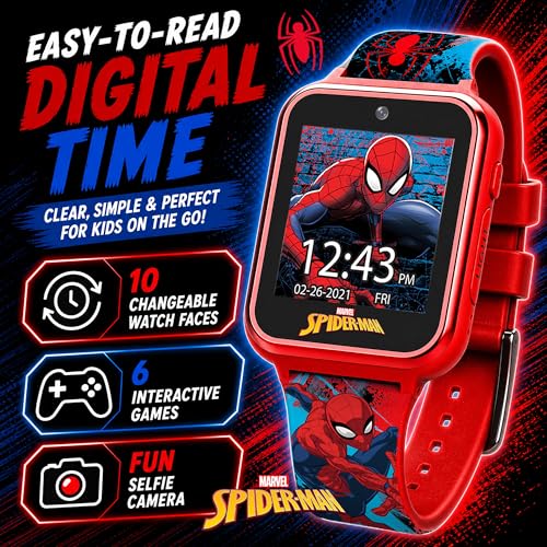 Accutime Marvel Spider-Man Red Educational Touchscreen Smart Watch Toy for Boys, Girls, Toddlers - Selfie Cam, Learning Games, Alarm, Calculator, Pedometer, and More (Model: SPD4588AZ)