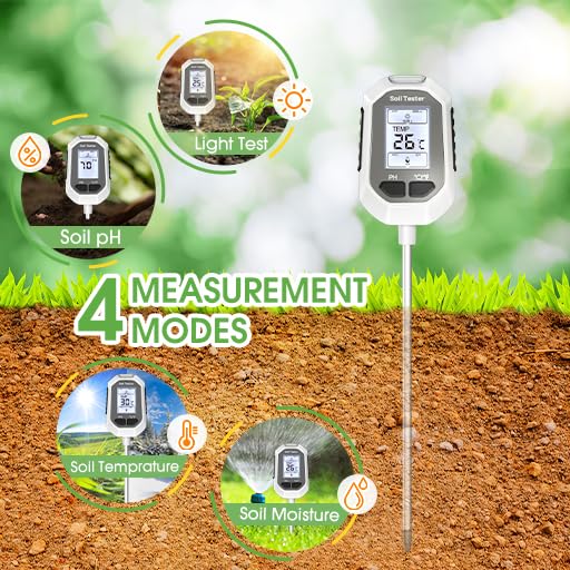 4-in-1 Soil Moisture Meter, Digital Plant Temperature/Soil Moisture Test & PH Meter/Sunlight Intensity, Backlight LCD Display for Gardening, Farming and Outdoor Plants