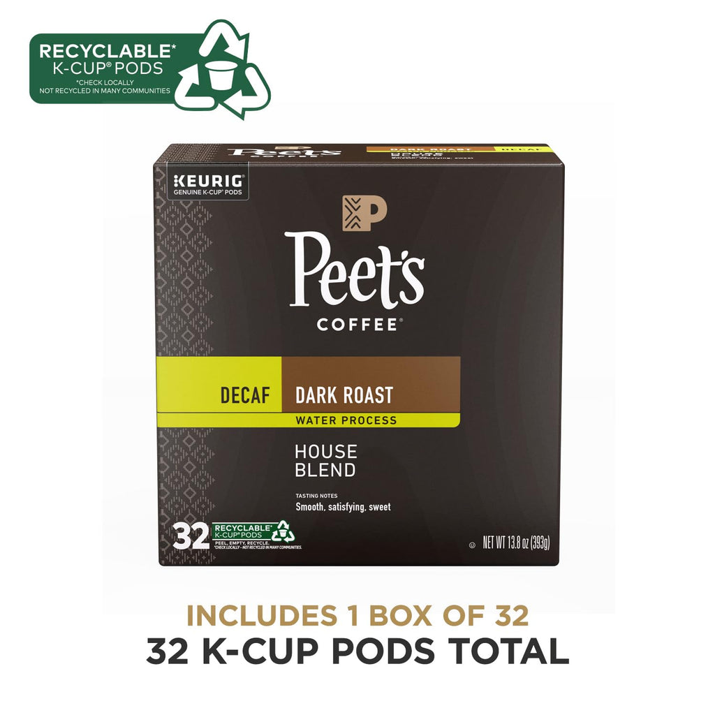 Peet's Coffee, Dark Roast Decaf Single Serve Coffee Pods, 100% Arabica Coffee - Decaf House Blend 32 Count (1 Box of 32 Pods)