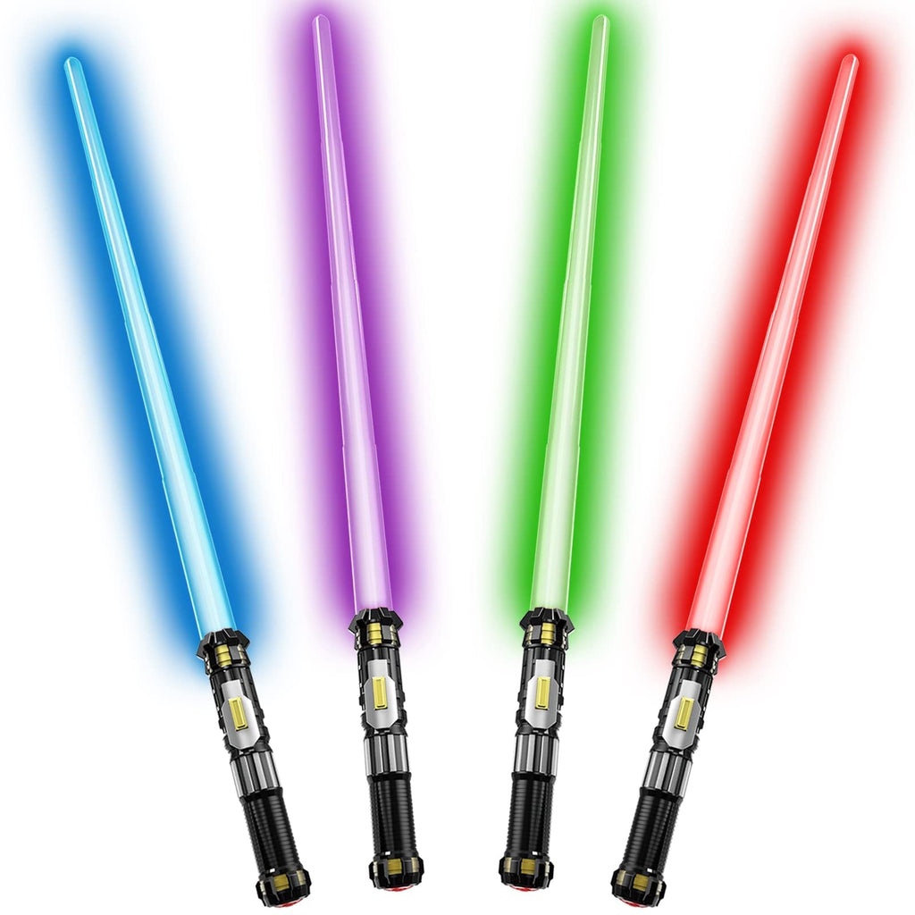 Cawiew 4 Pack Light up Sword Saber with FX Sound (on-Off Control) and Full Retractable Handle, 4 Colors LED Glow in The Dark Toy for Kids Adult