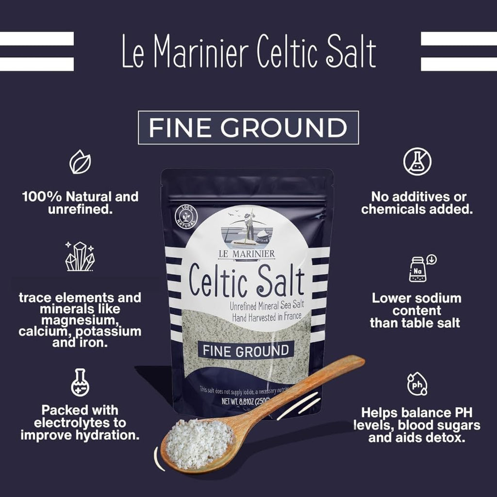 Le Marinier Celtic Salt Organic Fine Ground, 1.1lb - 18oz. Mineral Rich. 100% Natural and Unrefined. French Sea Salt Organic Vital Minerals. Hand Harvested Mineral Salt (1.1lb Fine Ground)