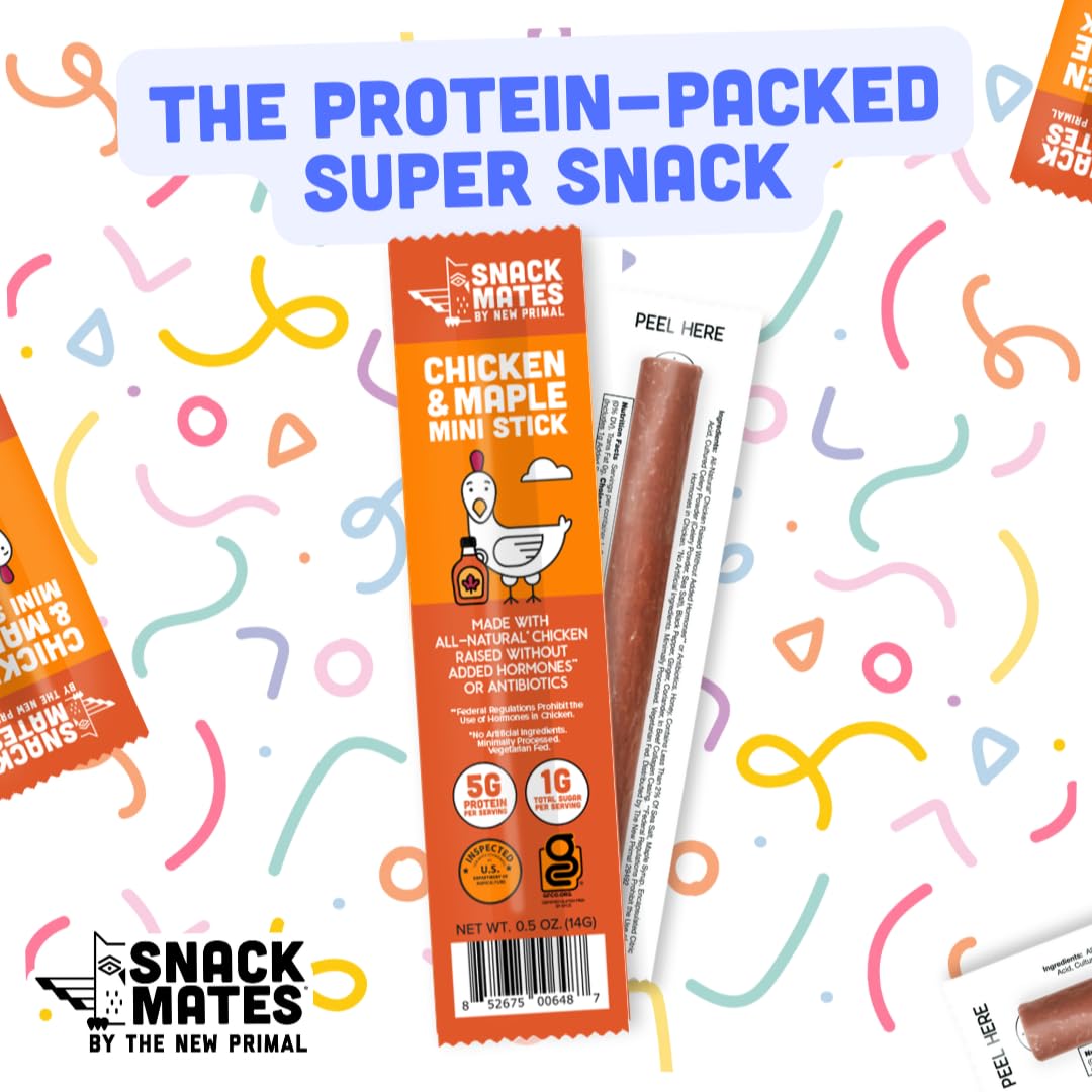 The New Primal Snack Mates Chicken & Maple Sticks, Gluten Free Healthy Snacks for Kids, Low Sugar High Protein Back to School Snacks, Mini Paleo Jerky Meat Stick, 5g Protein, 35 Calories, 15 Pack