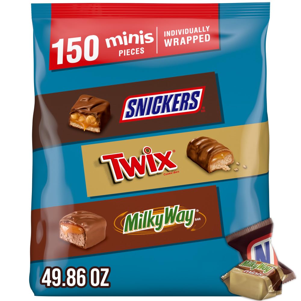 Snickers, Twix & Milky Way Minis Assorted Chocolate Candy Variety Pack, Candy Bag, 150 Ct Bulk Bag (2.93 Pounds)