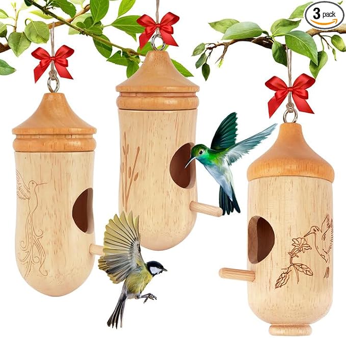 Hummingbird House, Small Hummingbird Houses for Outside | Wooden Bird House with Bow, String, Cute Gardening Gifts Home Decoration