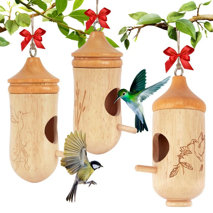 Hummingbird House, Small Hummingbird Houses for Outside | Wooden Bird House with Bow, String, Cute Gardening Gifts Home Decoration