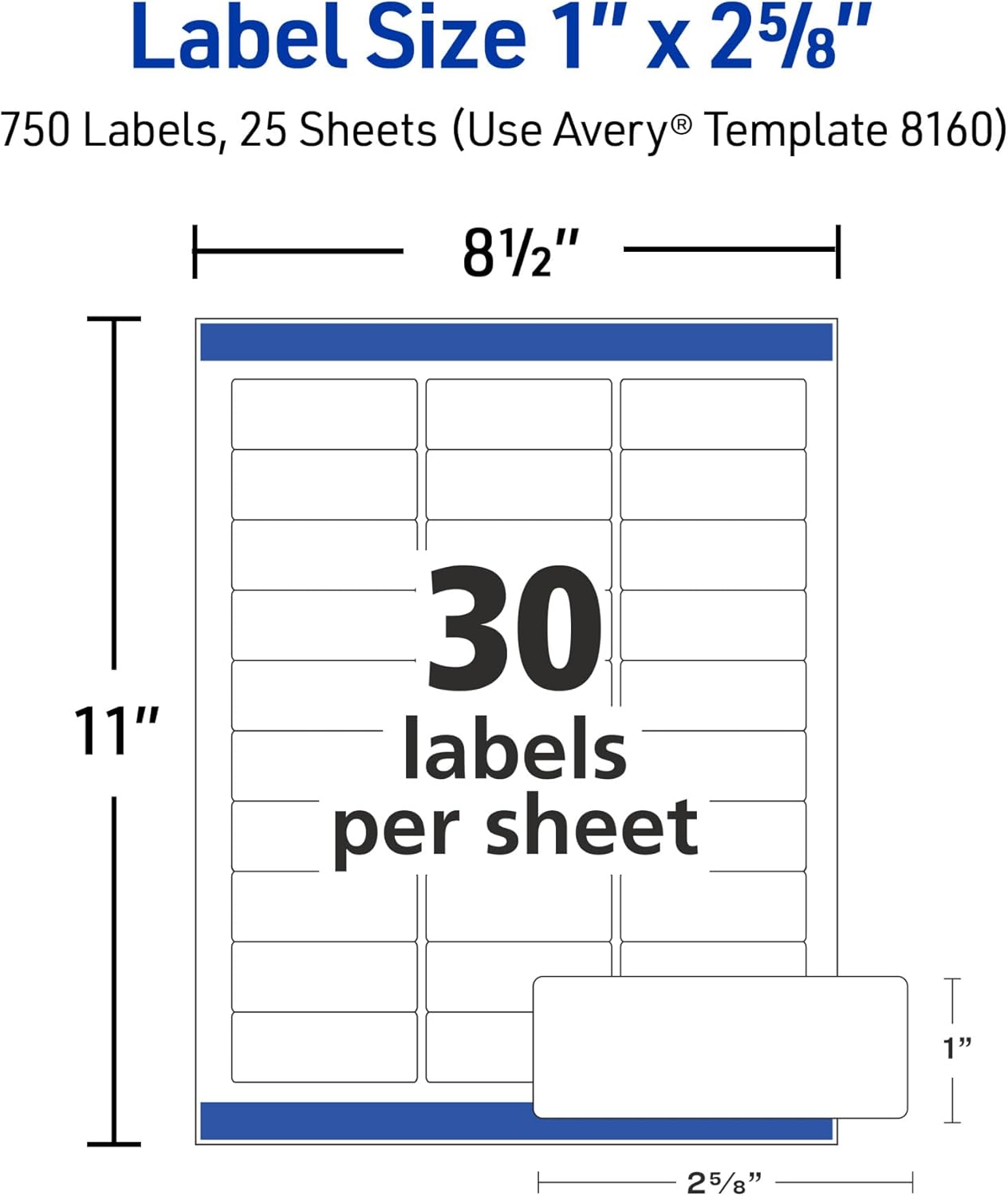 Avery Easy Peel Printable Address Labels with Sure Feed, 1" x 2-5/8" Customizable Stickers, White, 750 Blank Mailing Labels, Great for Mailing, Shipping, and More (8160)
