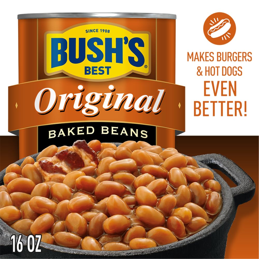 BUSH'S BEST 16 oz Canned Original Baked Beans, Source of Plant Based Protein and Fiber, Low Fat, Gluten Free, (Pack of 12)