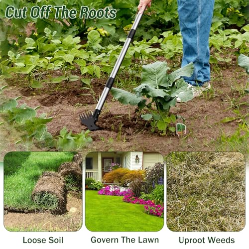 Weed Puller Tool with Long Handle 2-in-1 Garden Hoe and Weed Rake | Adjustable Length Weeding Tool, Heavy Duty Weed Remover, Hoe Garden Tools for Weeding, Home Gardens, Lawns, Patio, Yards