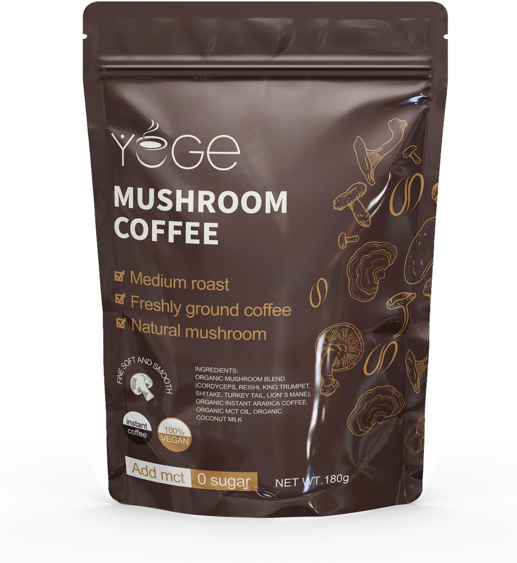Mushroom Coffee, Instant Mushroom Coffee with Cordyceps, Reishi, King Trumpet, Shitake, Turkey Tail, Lions Mane for Energy, Focus, Positive Mood & Immune Support (30 Servings)