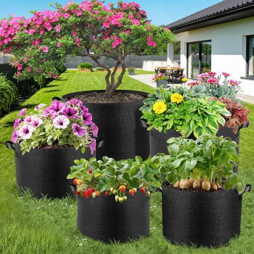 Jorvila 5-Pack 5 Gallon Grow Bags | Thickened Nonwoven Fabric Pots, Garden Grow Bags with Handles, Heavy Duty 300G Outdoor Planters