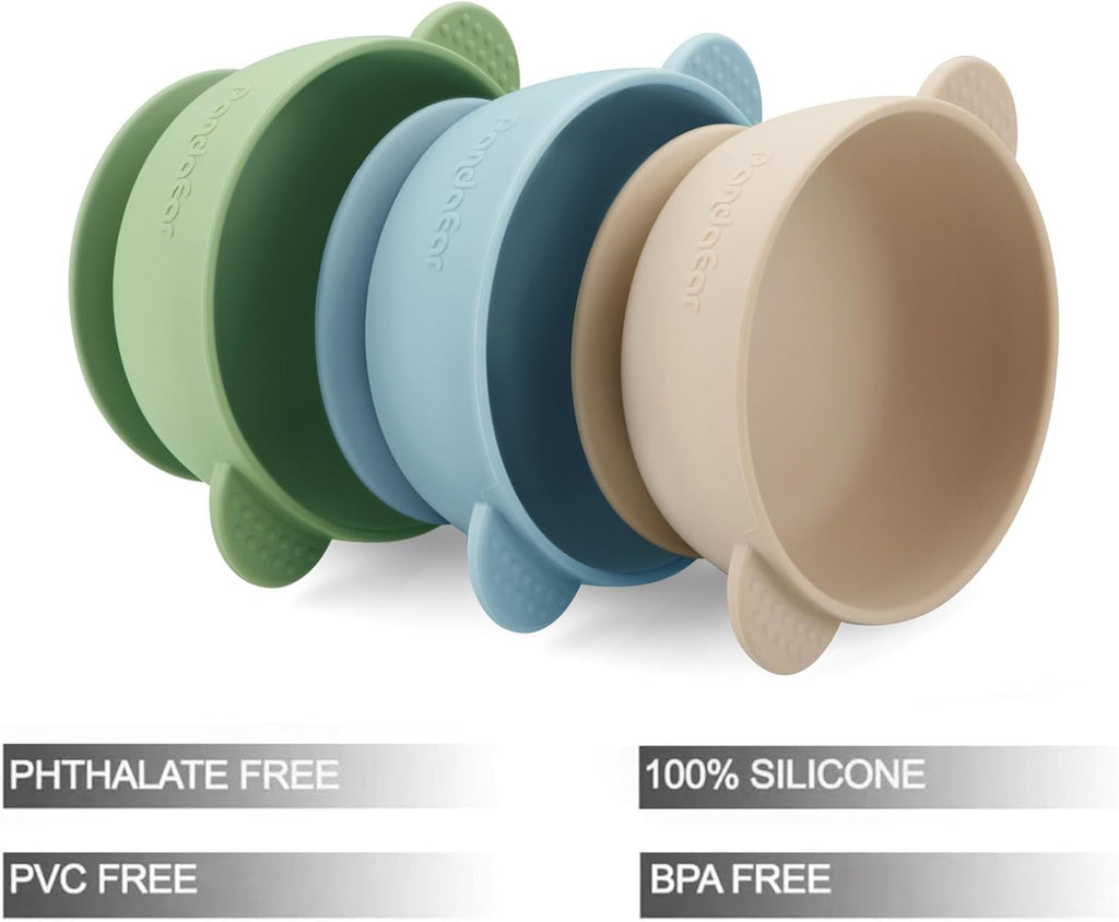 PandaEar 3 Pack Baby Bowls with Suction| Stay Put Silicone Food Bowl for Babies Kids Toddlers Infants| Food Grade Soft Safe BPA-Free Silicone (Multi-Color)