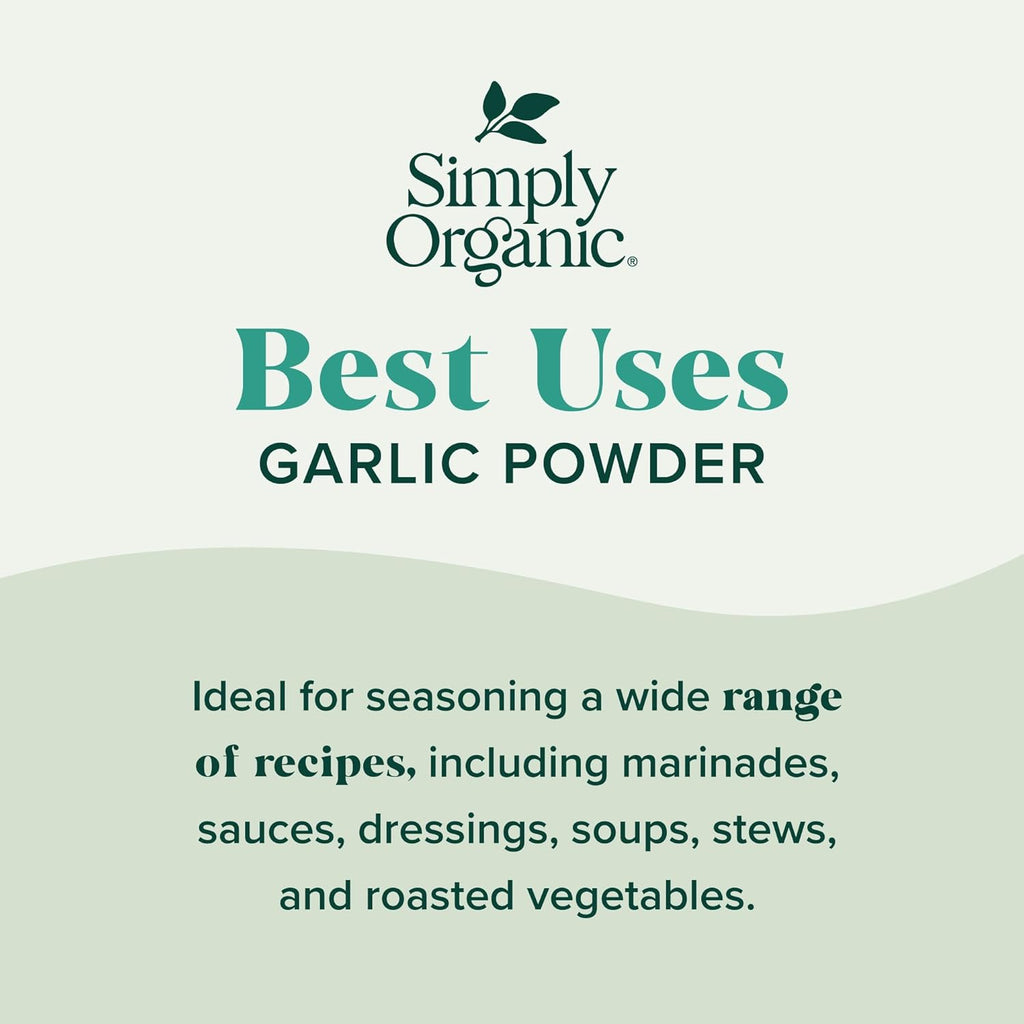 Simply Organic Garlic Powder, 3.64-Ounce Jar, Pure A-Grade Organic Garlic, Dried & Ground, Kosher, No ETO, Non GMO