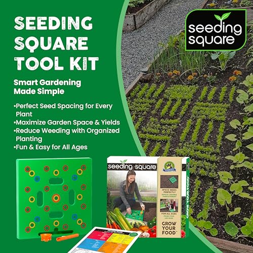 Seeding Square - Patented Seed and Seedling Spacer Tool for Bigger Harvests, Organized Plants & Fewer Weeds – Color-Coded Gardening Template with Dibber, Seed Spoon, Ruler & Planting Guide