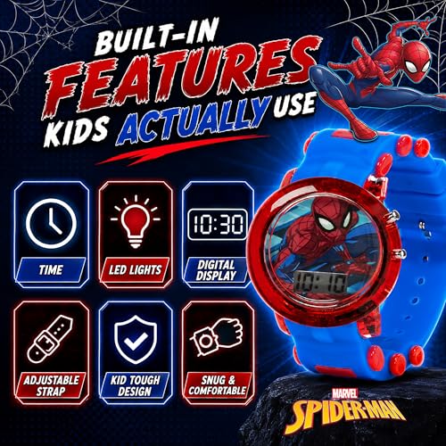 Marvel Spider-Man Kids' LCD Watch – Flashing LED Bullet Band, Digital Time Display, Red & Blue Design, Durable Plastic Case, Adjustable Silicone Strap – Fits Wrists 5.5" to 8"