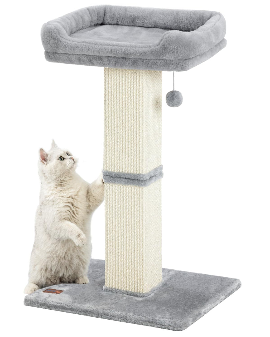 Karolpar 32" Cat Scratching Post for Indoor Cats, Sisal Cat Scratcher with Plush Perch, Large Scratch Post with Bed, Removable Cover, Sisal Fabric,Light Grey