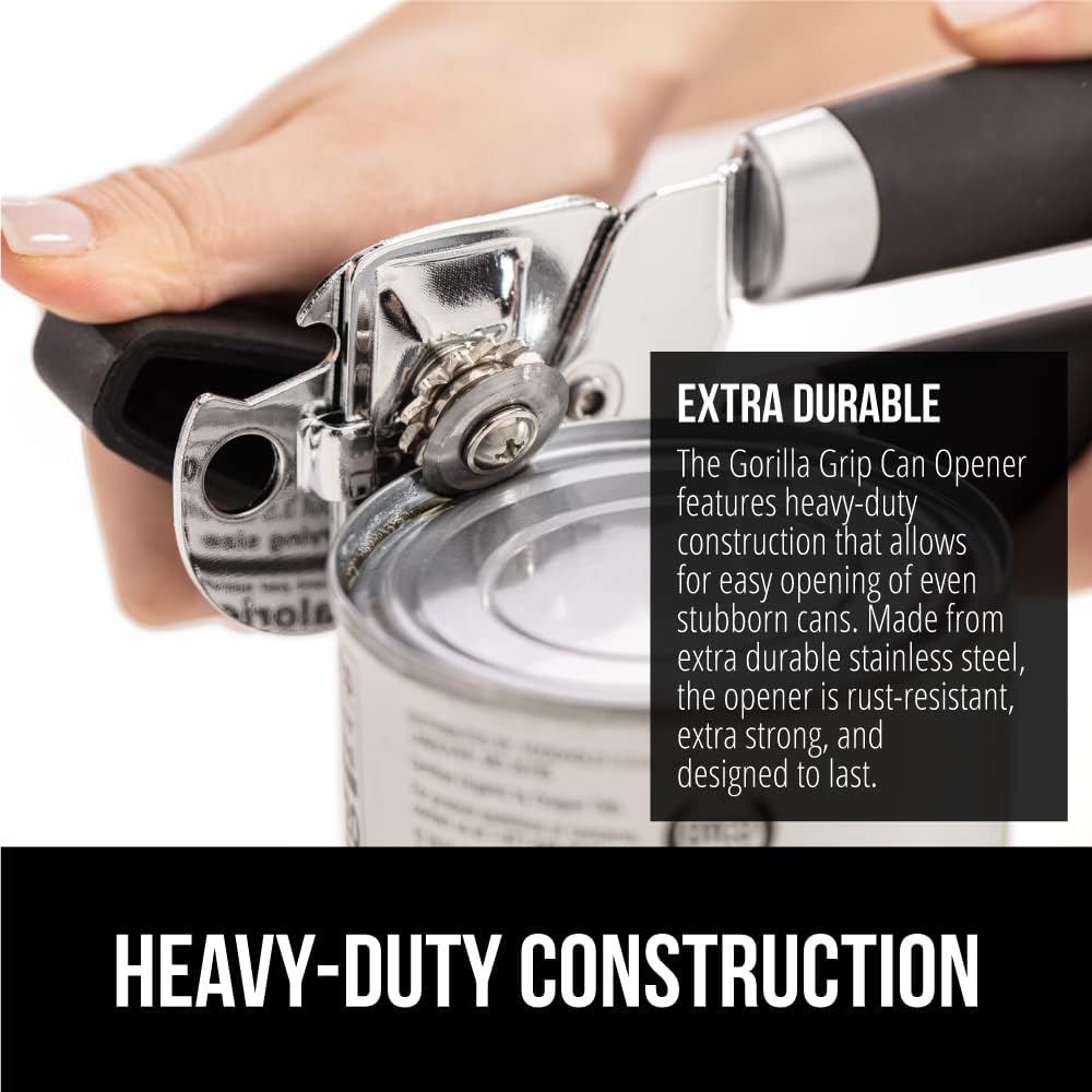 GORILLA GRIP Heavy Duty Stainless Steel Smooth Edge Manual Can Opener, Soft Comfortable Handle, Large Handheld Turn Knob, Built-In Bottle Openers, US Designed, Holiday Prep Kitchen Essential, Black