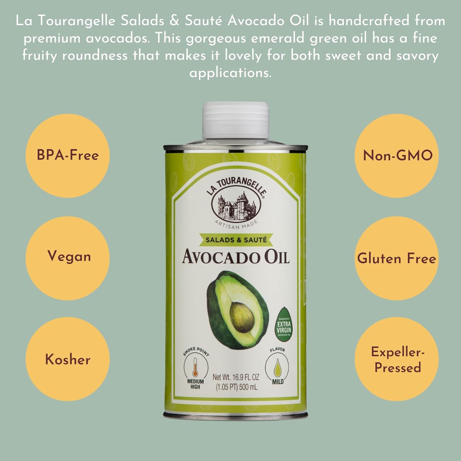 La Tourangelle Avocado Oil 16.9 Fl Oz, All-Natural, Artisanal, Great for Salads, Fruit, Fish or Vegetables, Buttery Flavor