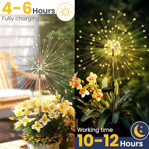GIGALUMI Garden Decor Outdoor Lights 120LED 2Pack, Solar Garden Lights Outside Fairy Firework Decorative,Solar Powered for Yard Pathway Flowerbed Planter Balcony Patio 4th of July Decor (Warm White