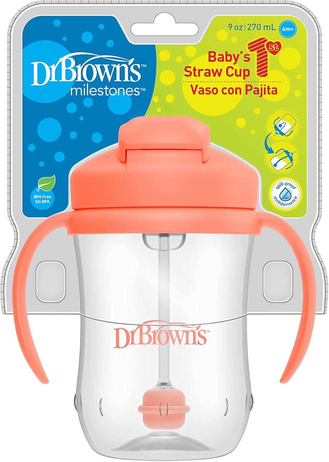 Dr. Brown's Milestones, Baby's First Straw Cup Sippy Cup with Straw, 6m+, 9oz/270ml, Coral, BPA Free