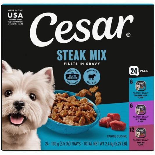 Cesar Filets in Gravy Adult Wet Dog Food Variety Pack, Filet Mignon, New York Strip, and  Rib Flavors, 3.5 oz. Easy Peel Dog Food Tray, 24 Count (Pack of 1)