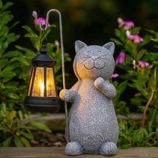 Qeeman Solar Cat Garden Statue: Weatherproof Resin Figurine with Warm Glow Lantern - Outdoor Decor for Yard Pathway Patio Porch Balcony - Gifts for Mom Grandma Cat Lovers