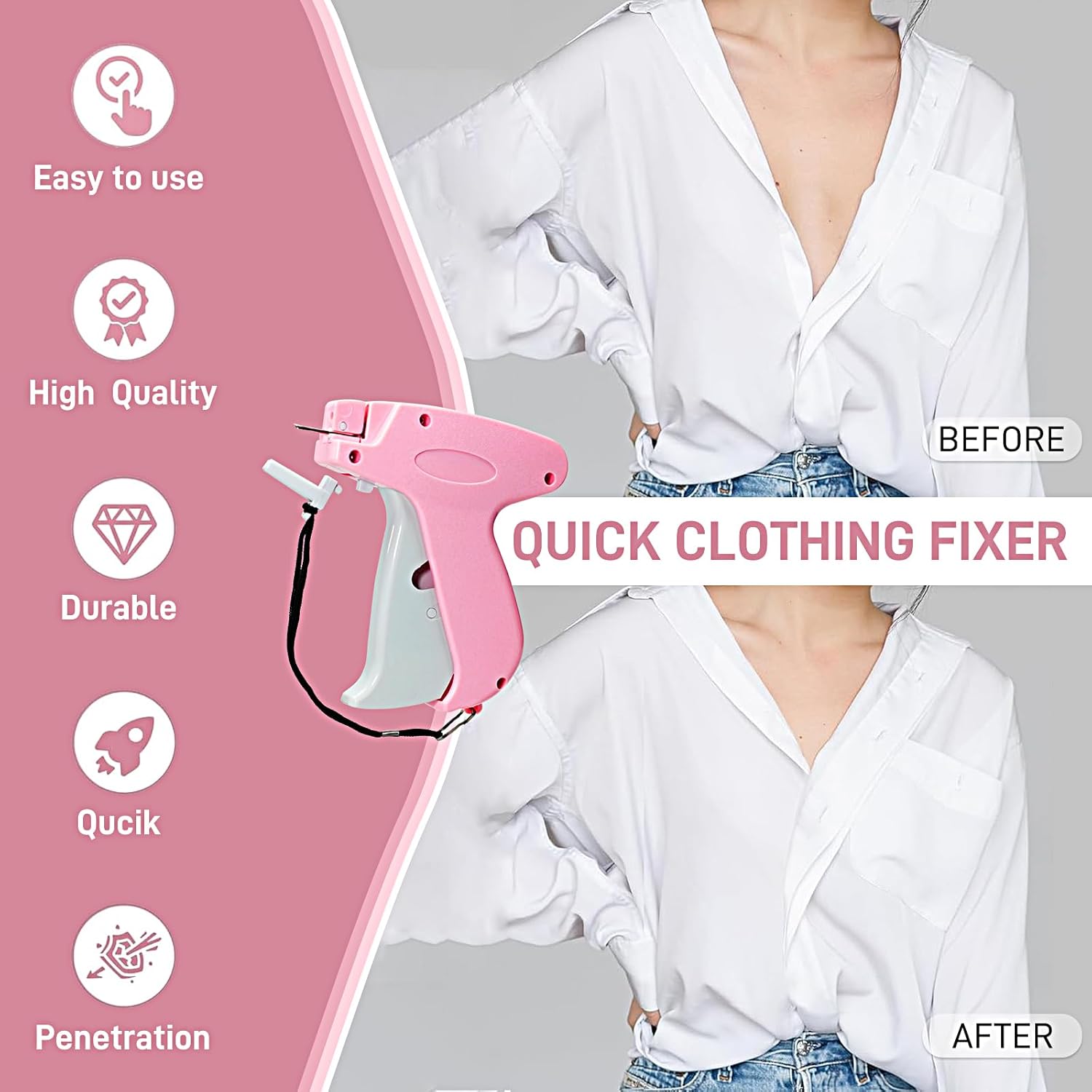 Stitch Gun for Clothes， Handheld Stitch Gun Quick Clothing Fixer，Sewing Kit Includes 1,000 Black Fasteners & 1,000 White Fasteners & 6 Needles，Tagging Gun（Pink）