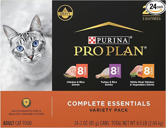 Purina Pro Plan Gravy, High Protein Wet Cat Food Variety Pack, Complete Essentials Chicken and Turkey Favorites - (Pack of 24) 3 oz. Cans