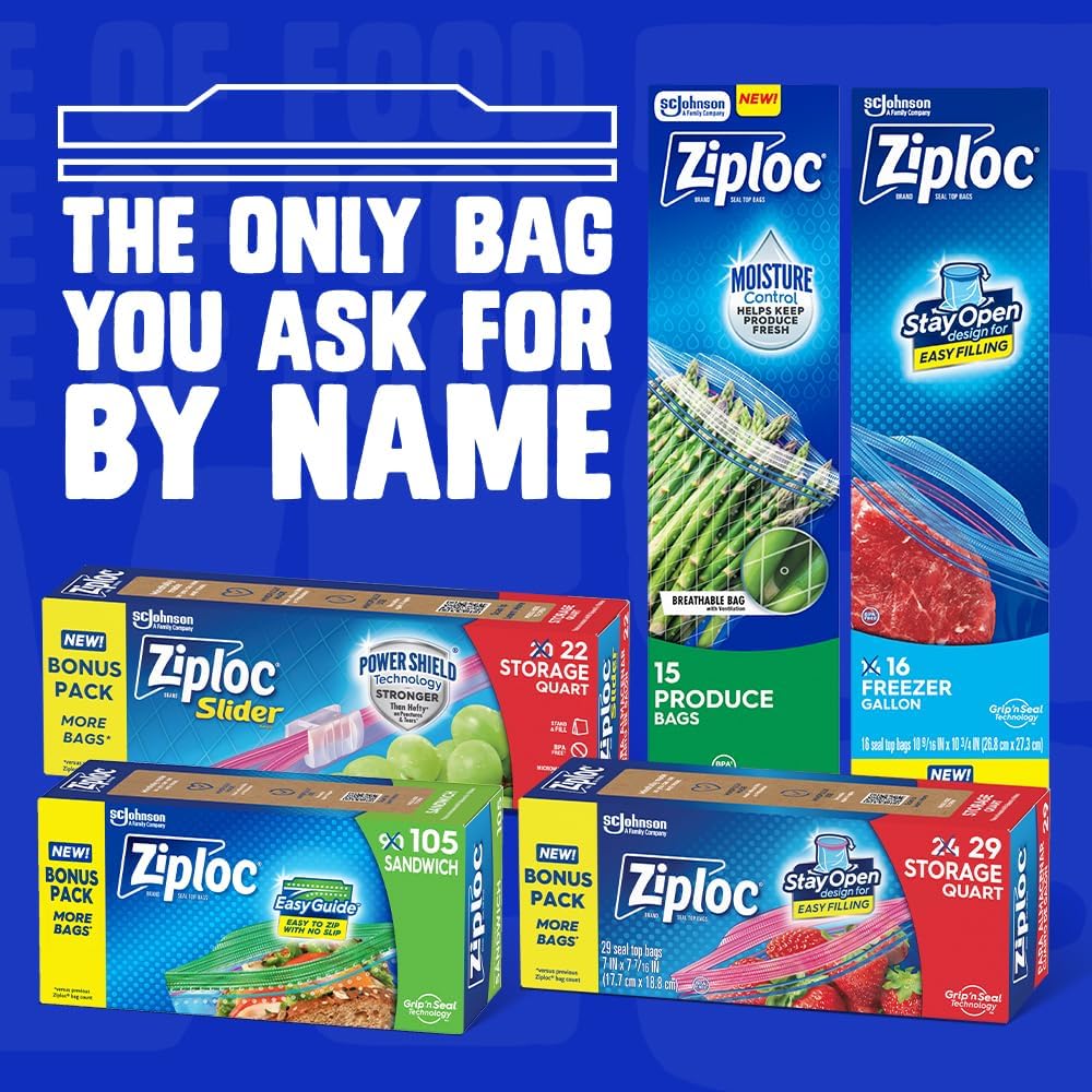 Ziploc Half Gallon Food Storage Freezer Bags, Grip 'n Seal Technology for Easier Grip, Open, and Close, 40 Bags Total